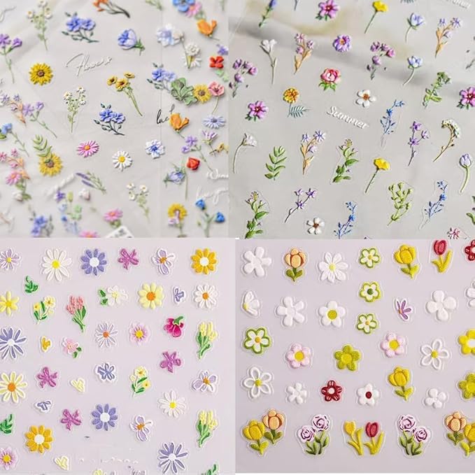 Magrace Nail Stickers for Spring 4 Sheets 5D Self-Adhesive Nail Art Decals for Women Flower Stickers Decoration