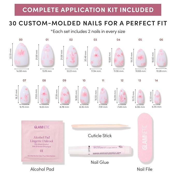 Valentines Day Glamnetic Press On Nails - Fleur Amour | Short Almond Fake Nails in White Base with Delicate Pink Floral Accents in a Glossy Finish | 15 Sizes - 30 Nail Kit with Glue
