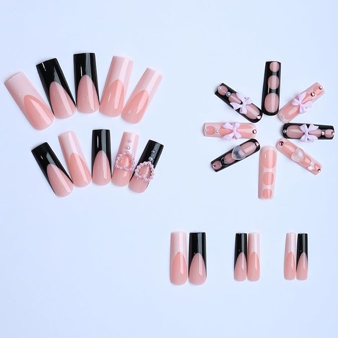 Square Press on Nails Long Black and White Fake Nail Pink Bow with Heart Shape Water Drop Acrylic Nail Press ons Glossy Rhinestones Stick on Nail for Women 24pcs