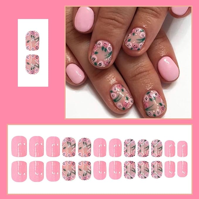 Pink Press on Nails Square Short Cute Fake Nails Press ons Nails Tips Artificial Acrylic Kit Full Cover Short False Nails with Flowers Glossy Design Stick on Nails for Women 24Pcs