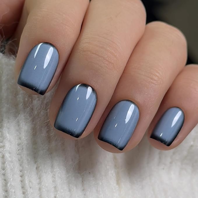CurvLife Press on Nails Short Square Blue Ombre, 30PCS Glossy Acrylic Fake Nails with Design, Full Cover Reusable Glue on Nails Kit with Nail Glue, Adhesive Tabs & Nail File