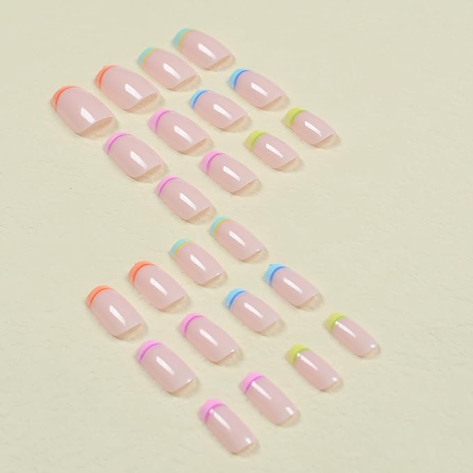 Short Press on Nails Square - Colorful French Tip Fake Nails - Cute Full Cover Stick on False Nails - for Women Manicure 24 Pcs