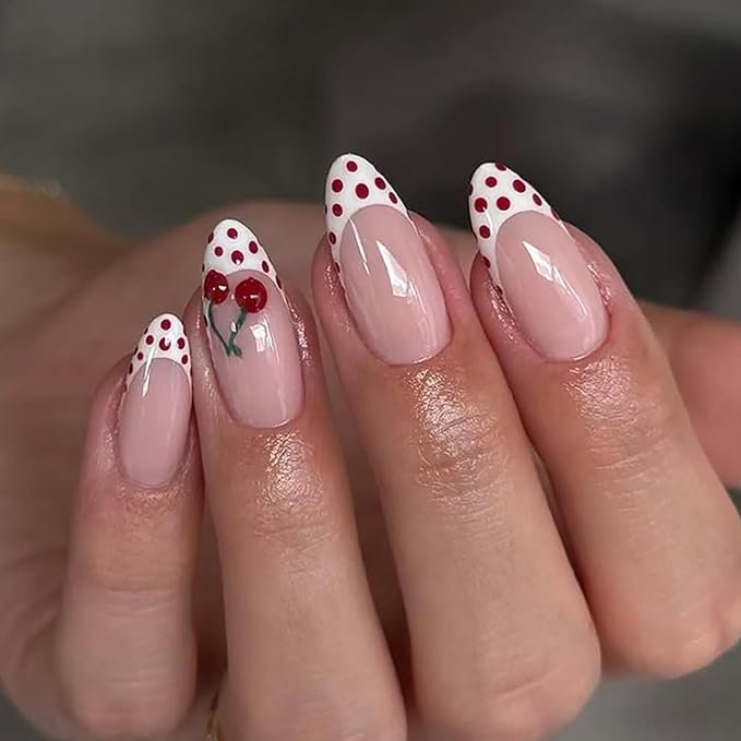 White French Tip Press on Nails Medium Almond MABKJLF Fake Nails False Nails with Red Polka Dots Cherry Designs Glossy Glue on Nail Full Cover Acrylic Nails for Women Girls 24Pcs