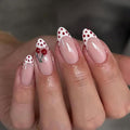 White French Tip Press on Nails Medium Almond MABKJLF Fake Nails False Nails with Red Polka Dots Cherry Designs Glossy Glue on Nail Full Cover Acrylic Nails for Women Girls 24Pcs