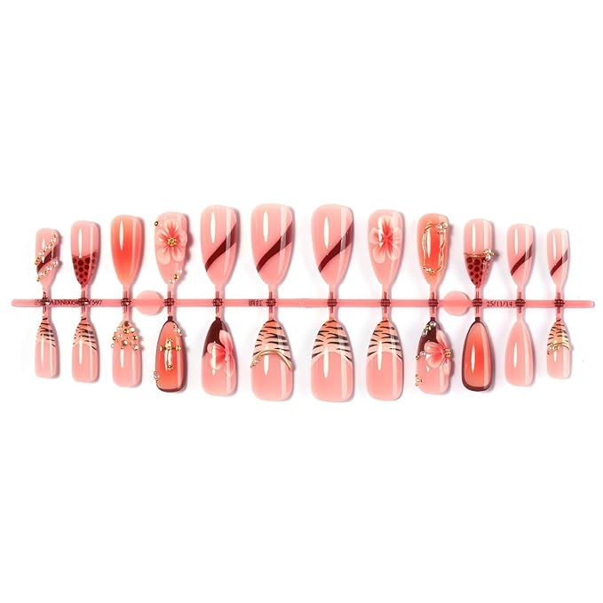 Medium Press on Nails Almond Fake Nail with 3D Flowers Designs False Nails Press Ons Gift for Women 24pcs