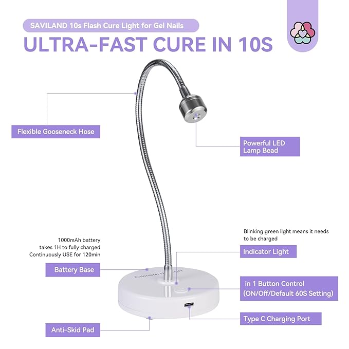 SAVILAND Gooseneck UV Light for Gel Nails: Touch Switch 12W U VNail Lamp 5S Quick Drying LED Flash Cure Lamp Rechargeable Gel Flash Cure Light 3 Timers Setting 360° Adjustable Home Salon Manicure
