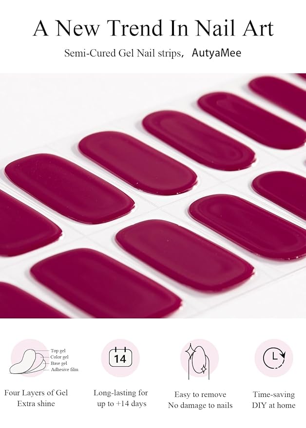 Semi Cured Gel Nail Strips (Beet Red), Berry Pink, 20 Pcs Gel Nail Wraps, Stickers, UV Light Required, Salon Quality, Long Lasting