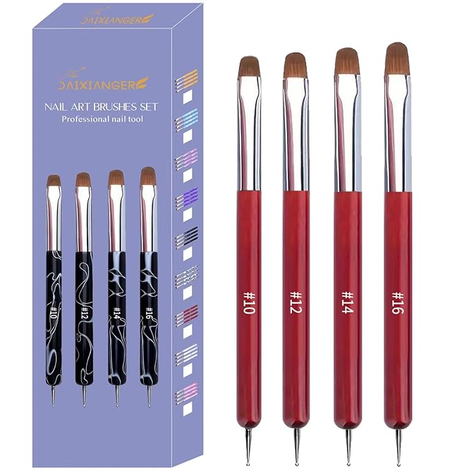4Pcs French Tip Brush, Double-Ended French Brushes for Nails with Dotting Tool, Clean Up Brush for Gel Nail Polish, Size 10/12/14/16, Acrylic Nail Art Brushes, Manicure Tools for Nail Design-Red