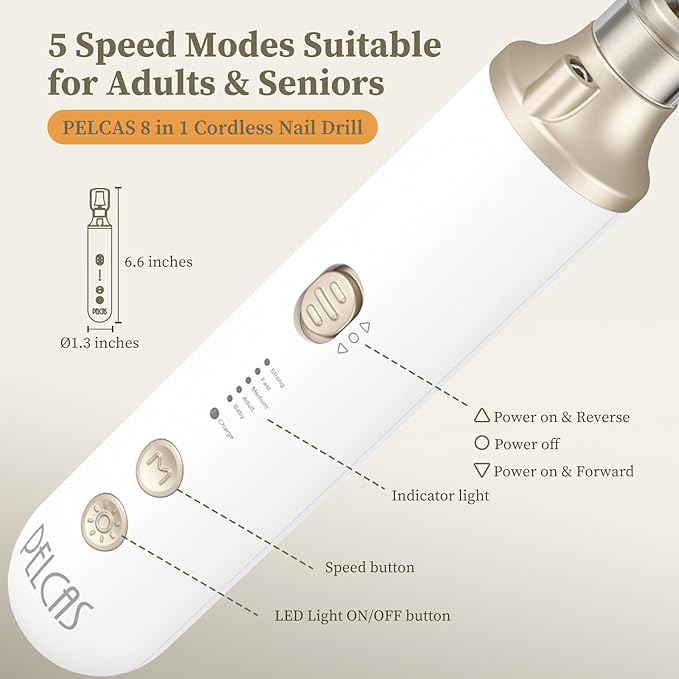 PELCAS 8 in 1 Cordless Nail Drill, Electric Nail Filer 5 Speeds Manicure & Pedicure Kit with LED Light, Electric Foot Callus Remover for Foot Callus, Toenail, Thick Nails, Finger Nails Golden