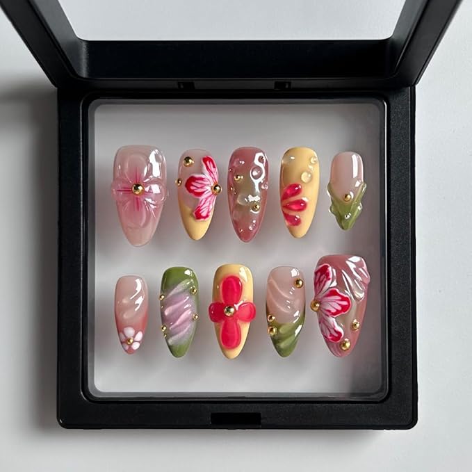 10 Pcs Handmade Press on Nails Medium Almond Fake Nails French Tip False Nails with 3D Floral Design Summer Thick Acrylic Nails Press ons Reusable False Nails for Women (L)