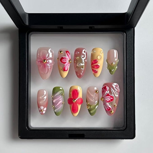 10 Pcs Handmade Press on Nails Medium Almond Fake Nails French Tip False Nails with 3D Floral Design Summer Thick Acrylic Nails Press ons Reusable False Nails for Women (L)