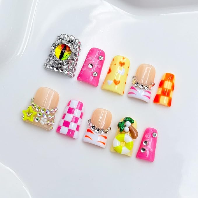 Handmade Short Duck Press on Nails Luxury Rhinestone Design Fake Nails Pink Grid False Nails with Glue,Muti-Layer Gel Thick Press ons Nail Eyes Charms Reusable Acrylic Nails for Women(Size S)