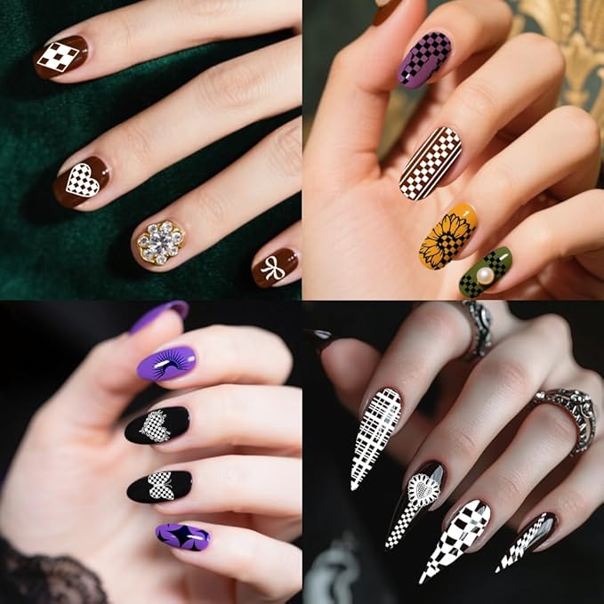 PH PandaHall 3pcs Plaid Nail Stamping Plates Checkerboard Nails Art Stencils Tartan Nail Art Templates Hart Star Image Plates for Women Manicures Salon Design