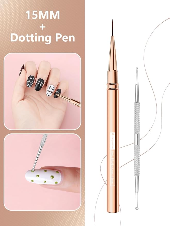 Nail Liner Brush, Fine Line Nail art Brushes 5/9/15/20/25mm Thin Line Nail Brushes Detail Drawing, Liner Brush for Nails Gel (Rose Gold)