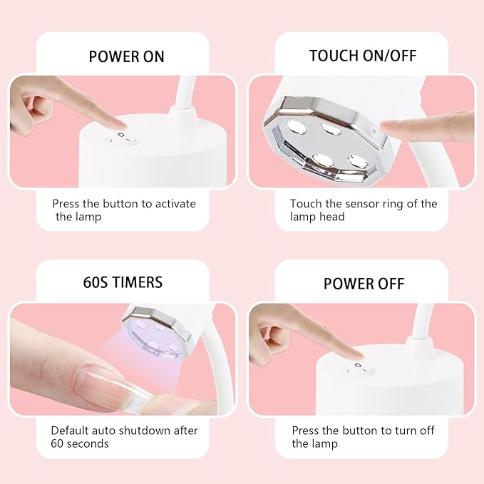 Touch Switch Gel X Lamp, Flash Cure Mini Nail Lamp, Rechargeable Cordless UV LED Light, Gooseneck Nail Gel Dryer for Home Manicure, White, ASN-A28