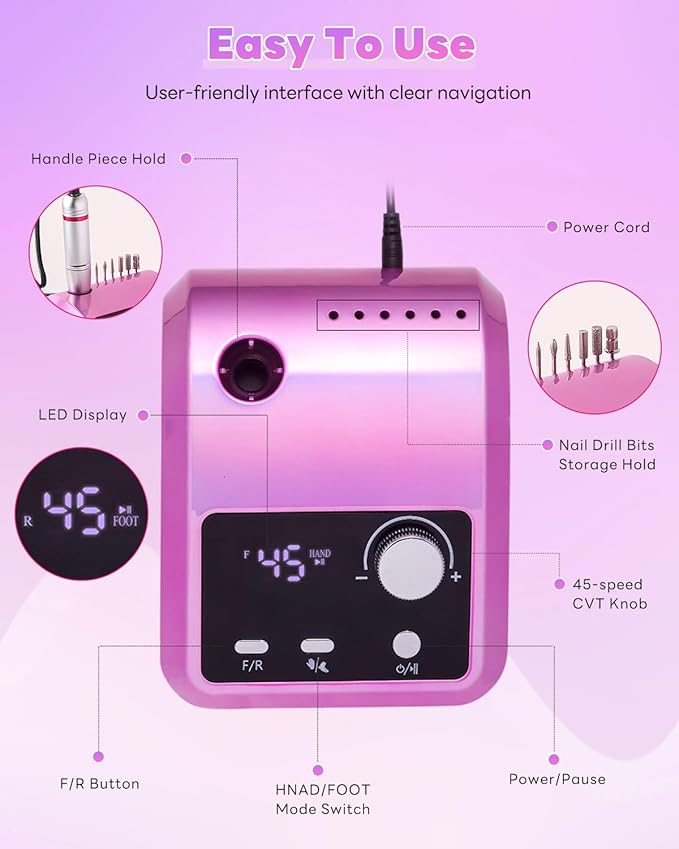 CozyZen Electric Nail Drill Professional: 45000 RPM Nail File Kit Machine with LCD Display, Hand & Foot Control Low Noise for Acrylic, Gel Nails, Manicure & Pedicure - Salon & Home Use (Dazzle Plus)