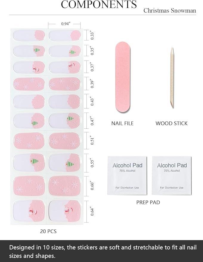 Semi Cured Gel Nail Strips (Christmas Snowman), White Snowflake, 20 Pcs Gel Nail Wraps, Stickers, Salon Quality, Works with Any UV Lamps