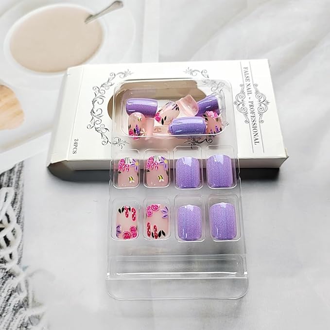 Purple Press on Nails Square Short Fake Nails Press ons Nail Tips Artificial Acrylic Kit Full Cover False Nails with Flower Leaves Glossy Design Stick on Nails for Women 24Pcs