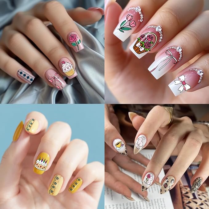 PH PandaHall 2pcs Cute Animals Nail Stamping Plates Bunny Cats Nail Art Templates Afternoon Tea Theme Dessert Cake Manicure Art Stencils for Manicures Salon Print Decoration