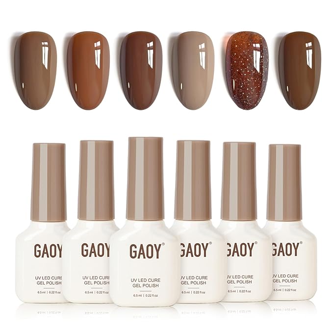 GAOY Brown Fall Gel Nail Polish Set, 6 Colors Chocolate Tan Glitter, UV Light Cure Gel Polish for Nail Art DIY at Home