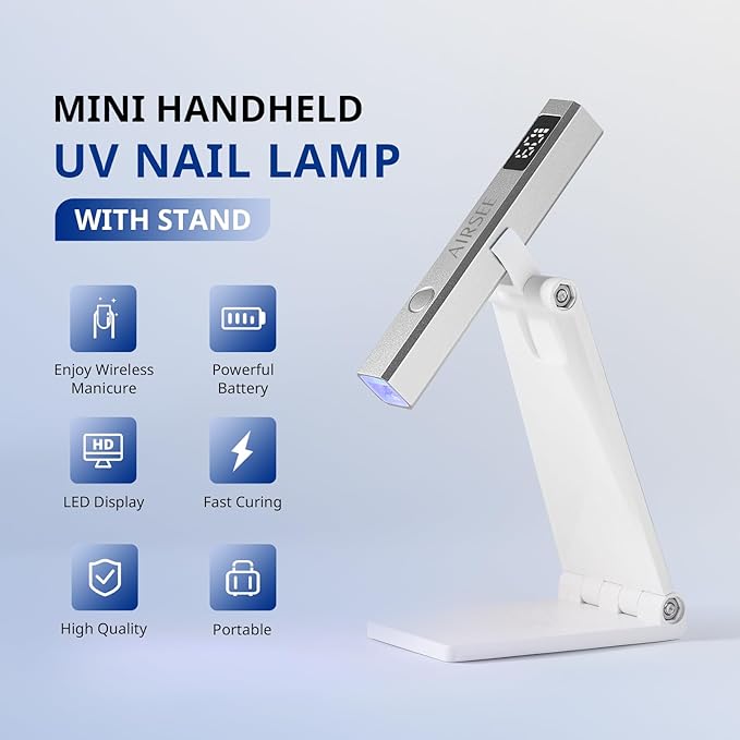 AIRSEE Cordless Nail Lamp with Stand, Handheld UV Light with LCD Display for Gel Nails,Rechargeable USB Nail Dryer for Fast Cure,Rhinestone Glue Decoration,Gel Nail Strips at Home,Travel(Sliver)