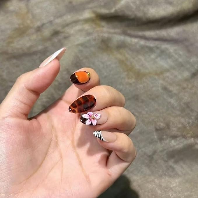 Handmade Press on Nails Medium Almond Fake Nails with Leopard Print and Flower Designs Acrylic Nails Full Cover Flower Press on Nails for Women Decorations (Size M)
