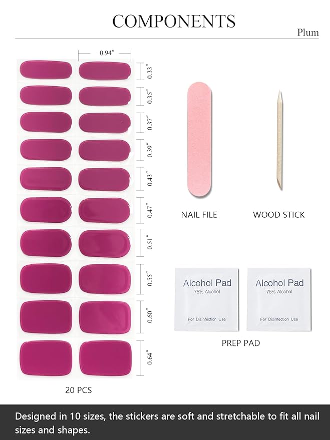 Semi Cured Gel Nail Strips (Plum), Purple Red, 20 Pcs Gel Nail Wraps, Stickers, UV Light Required, Salon Quality, Long Lasting