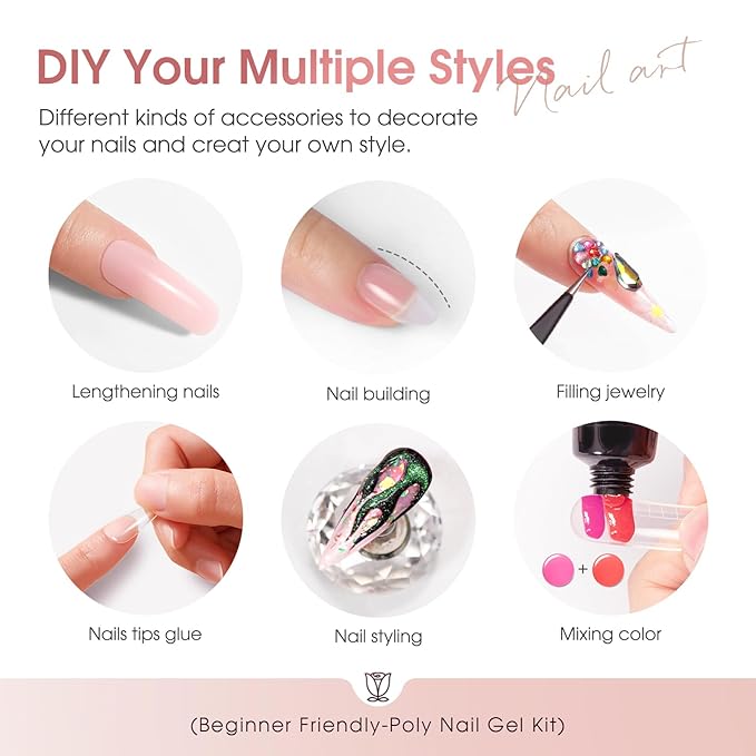 ROSALIND 12PCS Pink Brown Christmas Poly Nail Gel Kit with Mini Nail Lamp White Glitter Pink Poly Extension Gel Set 0.34oz/10ml with Slip Solution Basic Tools for Beginners with Everything