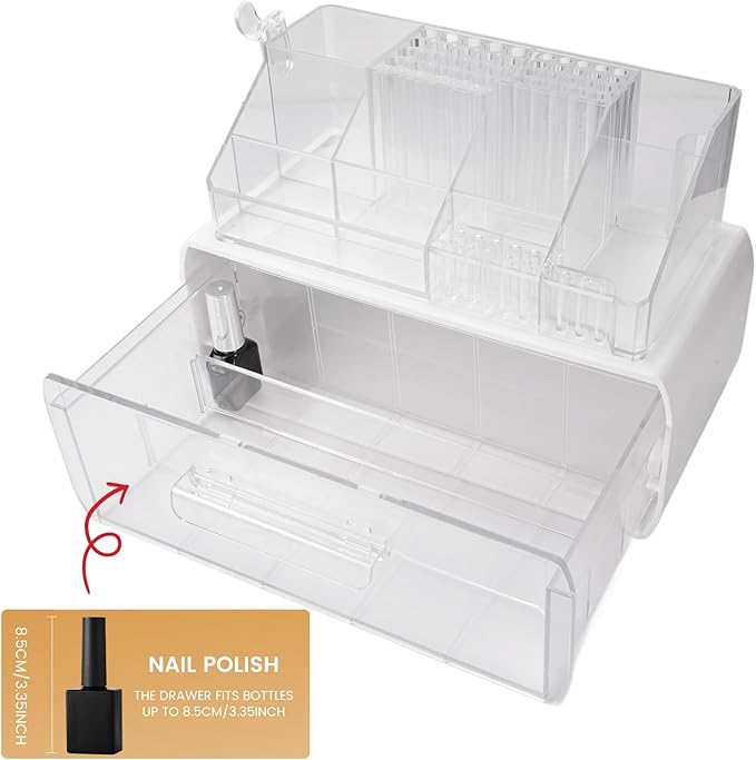 Nail Tech Desk Organizer Case: 2 Layers Nail Tech Organizers with Nail Polish Storage Drawer- 53 Holes Nail Drill Bits & Nail Brushes Pens Holder for Manicure Nail Supplies (Clear)