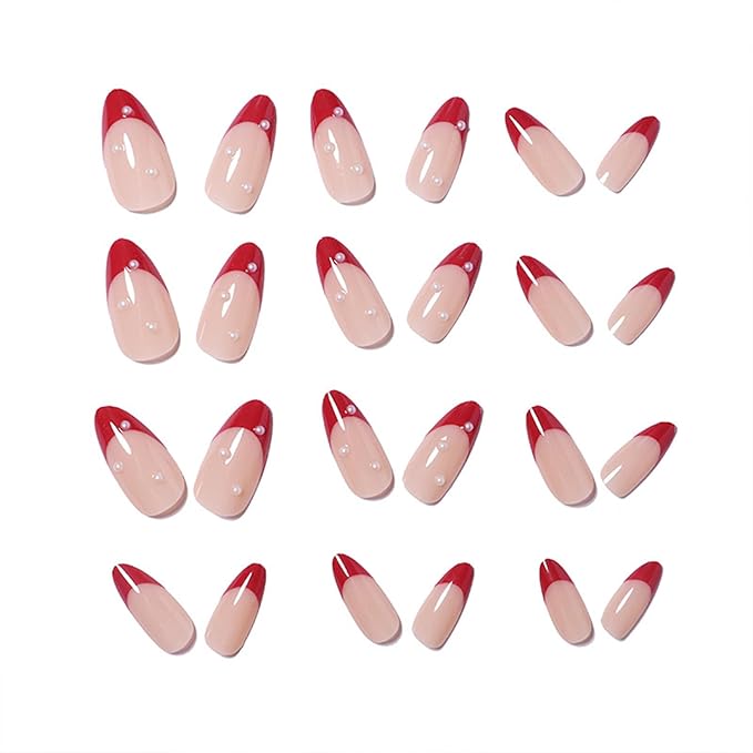Rde French Tip Press on Nails Almond Medium Fake Nails with Design Pearl False Nails Press ons Glossy Full Cover Acrylic Glue on Nails Cute Artificial Stick on Nail for Women Manicure 24Pcs