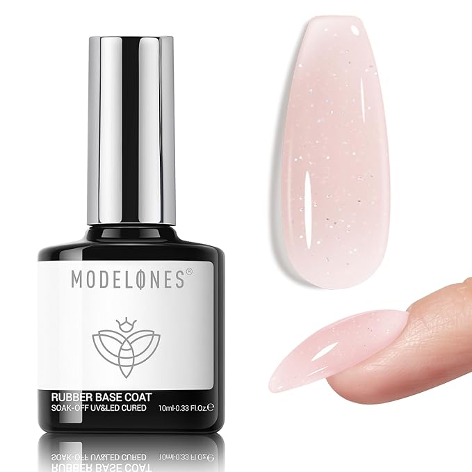 modelones Builder Rubber Gel Base Coat for Nails, Nude Glitter Rubber Base Gel Nail Polish for Strengthen Apex Building Extension Protect Weak Nails Long Last U V Manicure Gift for Women