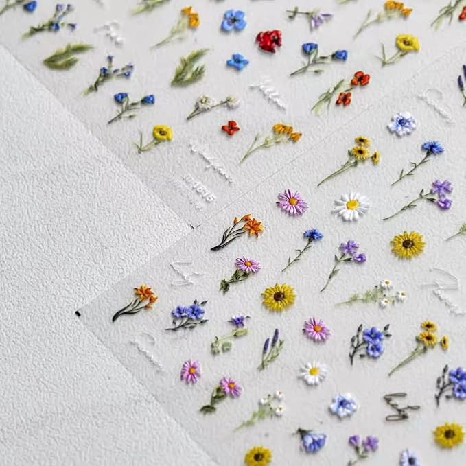 Dedyel Small Daisy Little Wildflowers Nail Stickers 5D Embossed Wildflower Nail Stickers Spring Summer Red Yellow Blue White Flower Design Nail Art Decoration for Women Girls Kids