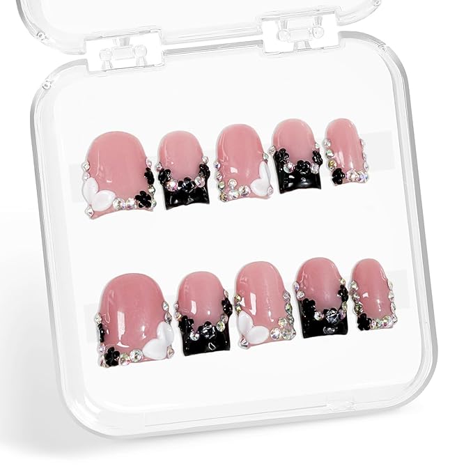 Handmade Square Nails Press on Black French Tip Fake Nails with Rhinestone & Flower Designs Muti-Layer Gel Acrylic Nail Kit Full Cover False Short Stick on Nails for Women (Size S)