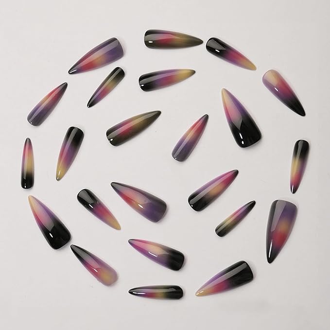 MISUD Press on Nails - Long Stiletto Fake Nails with Black Colorful, Acrylic Goth Ombre Design 24 pcs