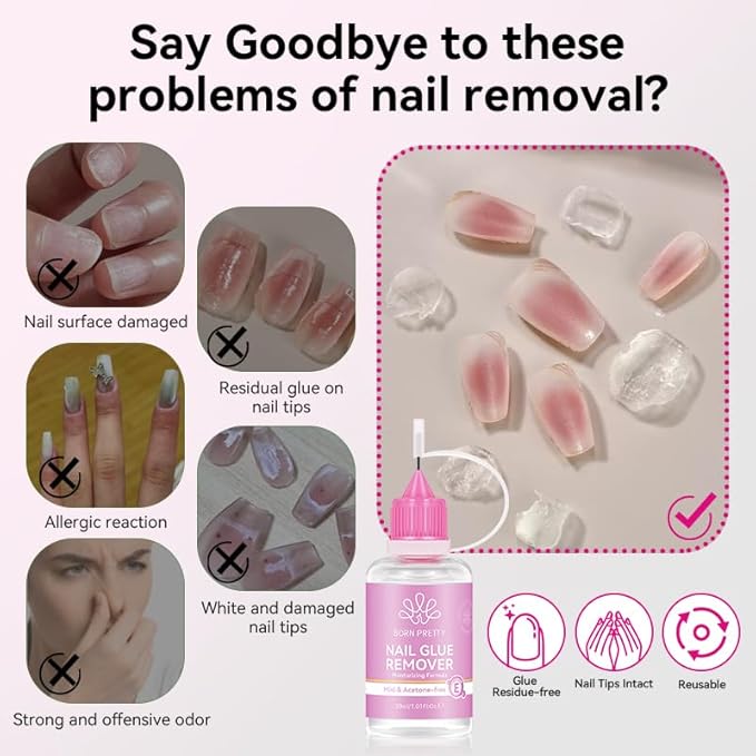 BORN PRETTY 30ML Pinpoint Nail Glue Remover for Press on,Gentle Remover for Nails Tips & Gel x Nails,Multi-Functional Fake Nail Remover Glue Off for DIY Home Salon,Quick Adhesive Debonder