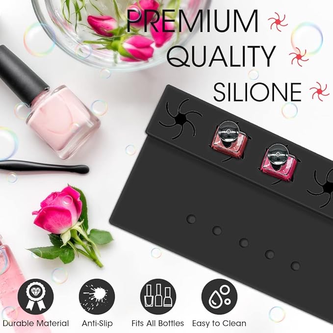 Nail Polish Holder,Silicone Hand Rest Mat Fingernail Painting Tools 2 in 1 Art Accessories Organizer Case Set with Anti-Spill Bottle Stand and Finger Separators for Pedicure Manicure(Black)