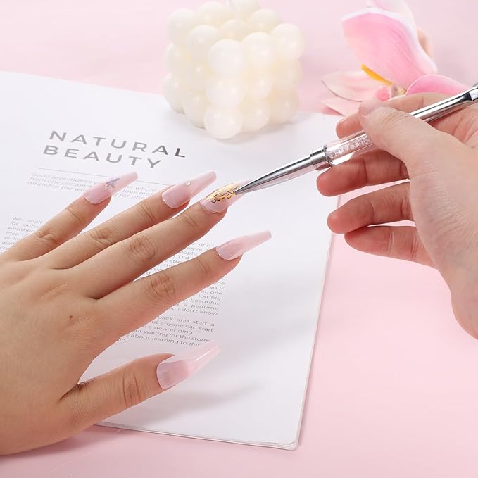 Double Ended Nail Builder Gel Brush, 2 Pcs French Tip Liner Brush White Nail Design Brushe With Rhinestone Handle Naile Drawing Brushes Nails Liner Brushes for Design UV Hard Gel Nails