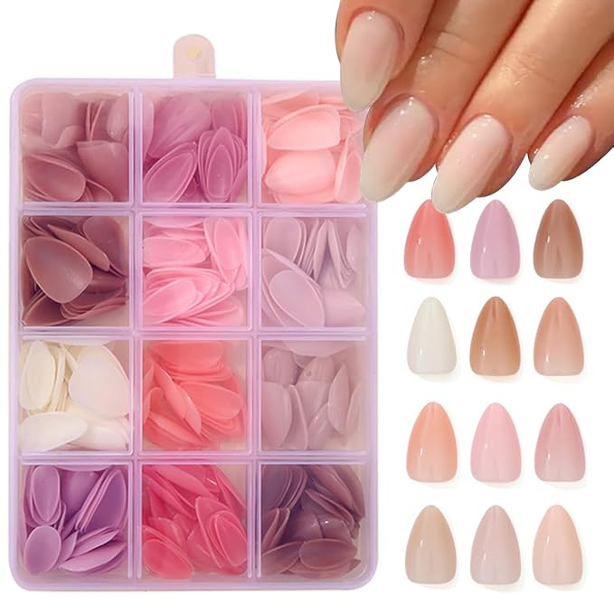 360 Pcs Press On Nails Short Almond Fake Nails Press Ons Set Full Cover Nude Pink Acrylic Glue on Nails Reusable Glossy Artificial Nail Kit False Nails for Women Manicure 12 Color