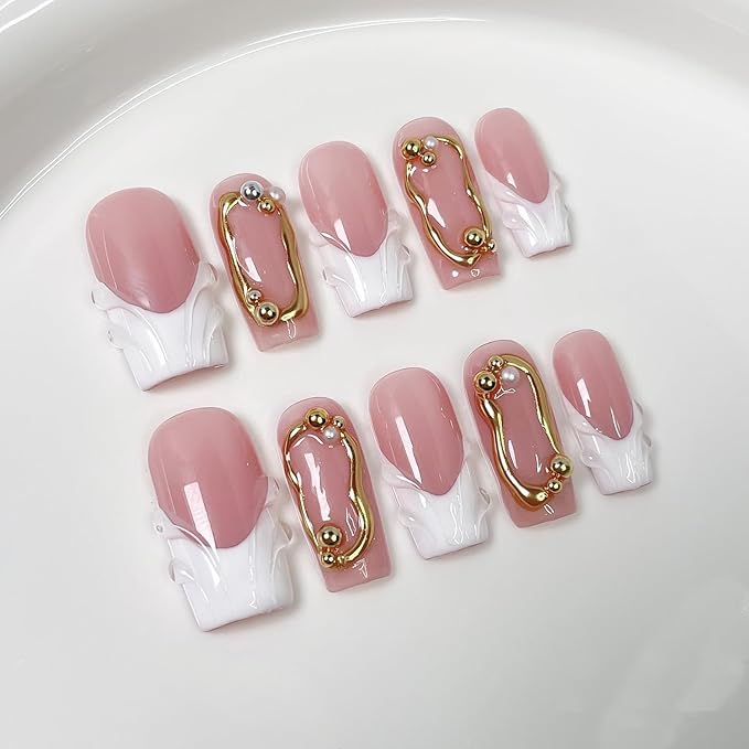 Handmade Press on Nails Square Shape Luxury Medium Hand Made Nails with 3D Pearl & Golden Embossed Design Full Cover White French Tip False Nail for Women (M)