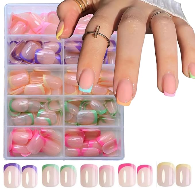 240Pcs French Tip Press On Nails Short Square Fake Nails Press Ons Set Full Cover Acrylic Glue on Nails Reusable Glossy Artificial Nail Kit False Nails for Women Girls Manicure 12 Color