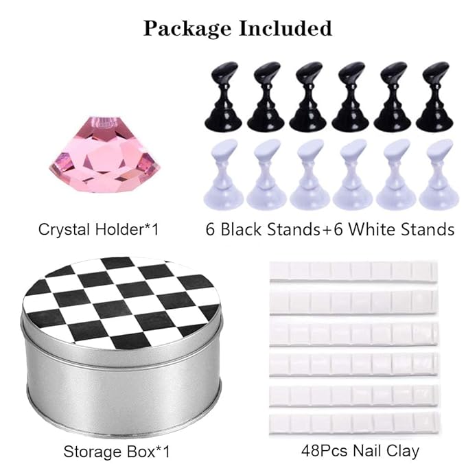 Kalolary 1 Set Nail Art Holder Practice Display Stand with 48Pcs White Reusable Adhesive Putty Clay, Magnetic Nail Art Tips Holders Crystal Nail Holder Chessboard Display Training Practice Stand