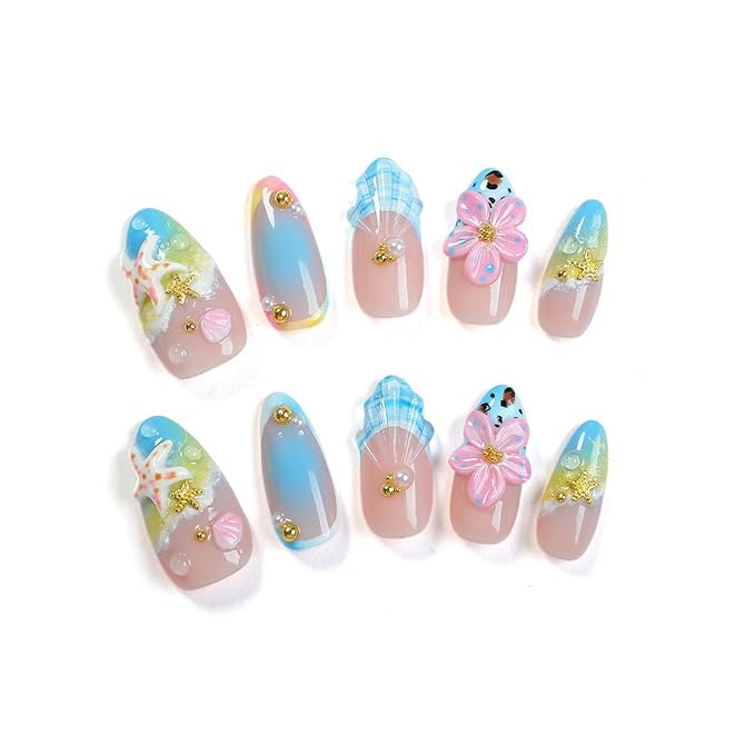 Handmade Press on Nails Summer Beach 3D Seashell Starfish False Nails Designs Full Cover French Thickened Acrylic Nails Flower Fake Nails Medium Almond Gradient Stick on Nail for Women (Size M)