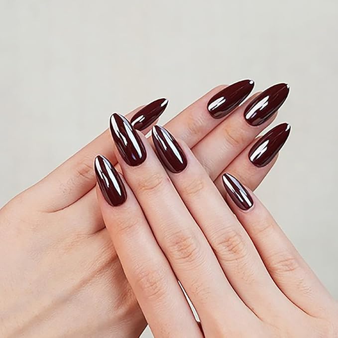 30Pcs Almond Press On Nails - Supremely Fit & Natural Soft Gel Almond Nails,15 Sizes, Reusable Fake Nails Kit with Gift Box for Women (Red Brown)