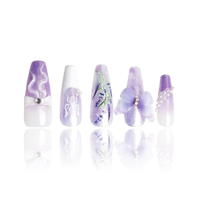 LOVFUL Press on Nails Butterfly Spell | Handmade with Full Covered Crystals | Reusable Full Cover Nails | Coffin Classic Regular 1.3 in | H461-S