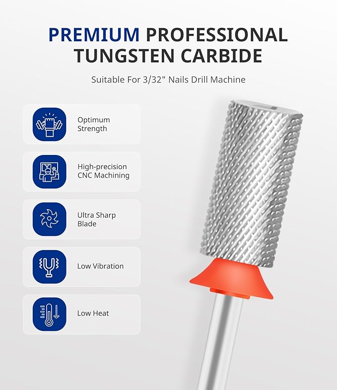 AIRSEE Tungsten Carbide Acrylic Nail Drill Bit Efile Electric File Machine Head Tip for Manicure Polishing Art Remove Gel 3/32" 2 Way Professional Tech Flat Top Cylinder Barrel Fine-F