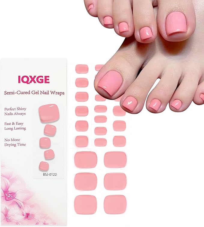 26 Pcs Pink Semi Cured Gel Toe Nail Strips Pink Gel Nail Stickers Full Cover Nails Wraps Self Adhesive Toe Nails Polish Strips Stickers for Women UV/LED Light Required