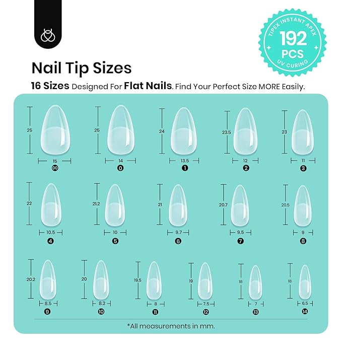 Beetles Tipex Instant Apex Nail Tips Almond Medium 16 Sizes 192 Pcs Pre-Etched Pre-Building Strong Thick Acrylic Tips