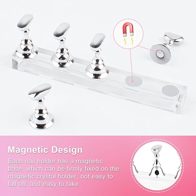 Nail Stand Acrylic Nail Art Display Stand Magnetic Nail Tips Practice Holder 54 Pcs Reusable Adhesive Putty for DIY Painting Nails Stand kit (silver)