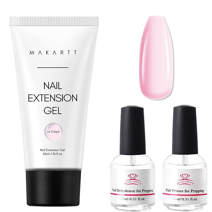 Makartt Light Pink Poly Nail Gel Bundle with Nail Dehydrator and Nail Primer Kit, Light Pink Nail Gel 50ML, Nail Dehydrator Primer Liquid
