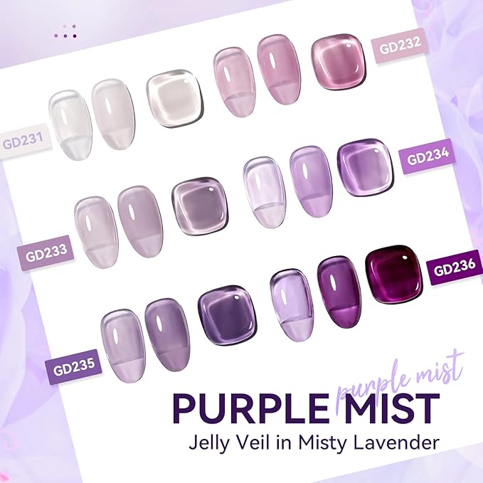 JODSONE Jelly Gel Nail Polish Set of 6 Colors,Semi-Transparent Purple Gel Polish for DIY Nail Art, UV/LED Cured, Long-Lasting & High-Shine Manicure at Home or Salon, Gift for Women